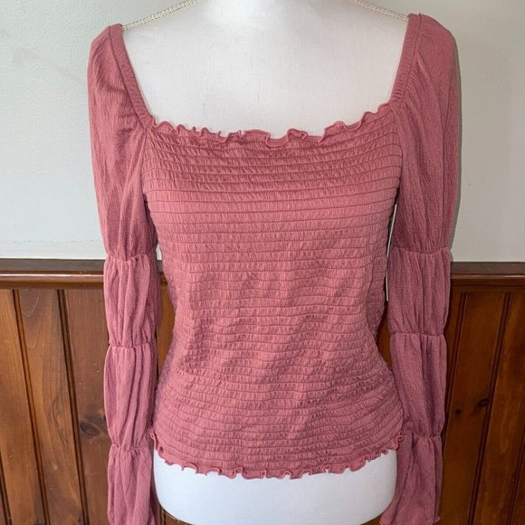 NWT Rewash Ruffled Solid Long Sleeve Square Neck Blouse Evening Top Pink XL - Picture 1 of 6